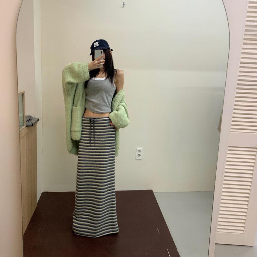 Korean Striped Color Block Lace-up Long Skirt - Spring/Autumn 2026 Collection