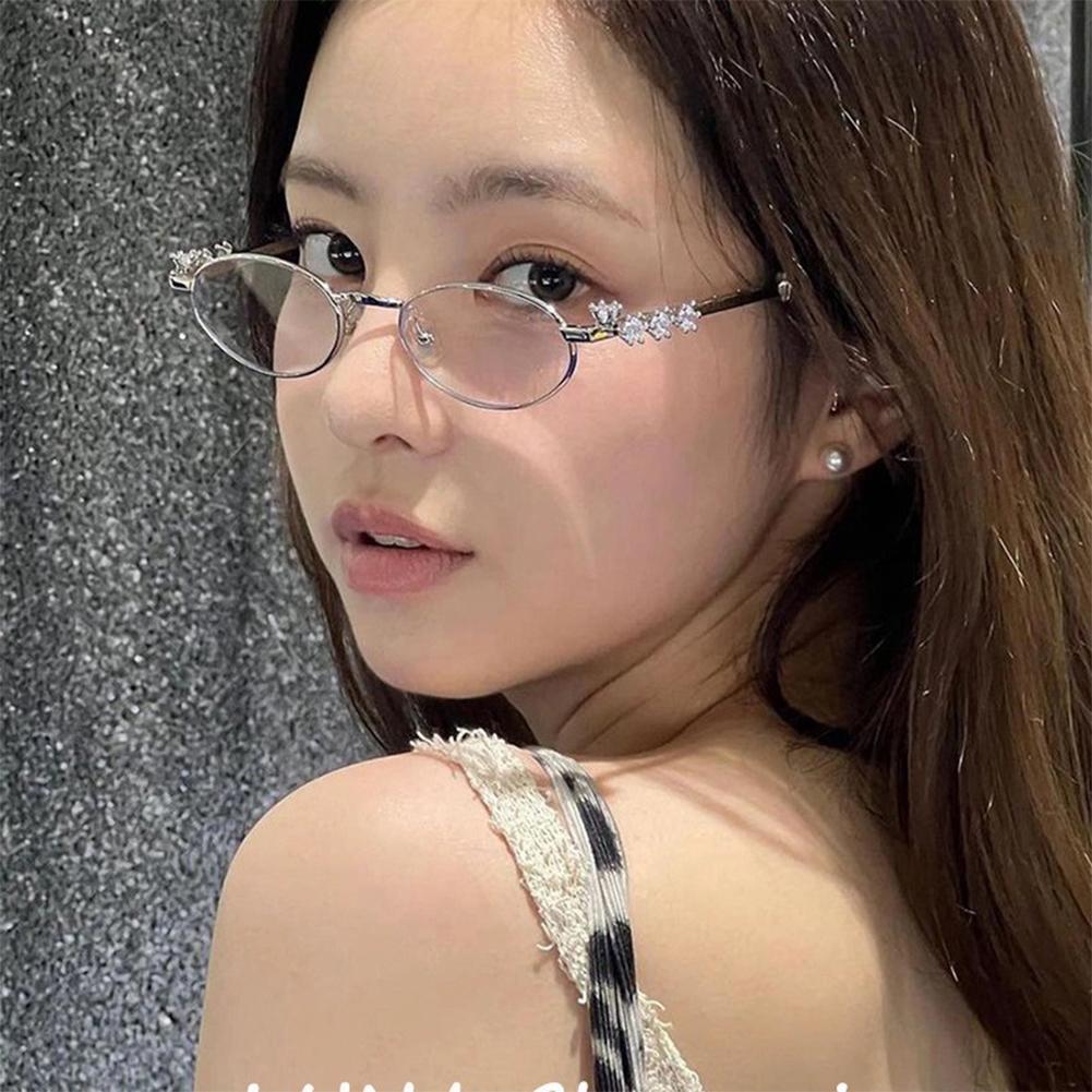 Elegant Metal Frame Oval Glasses with Sparkling Rhinestone Decorated Plano Glasses