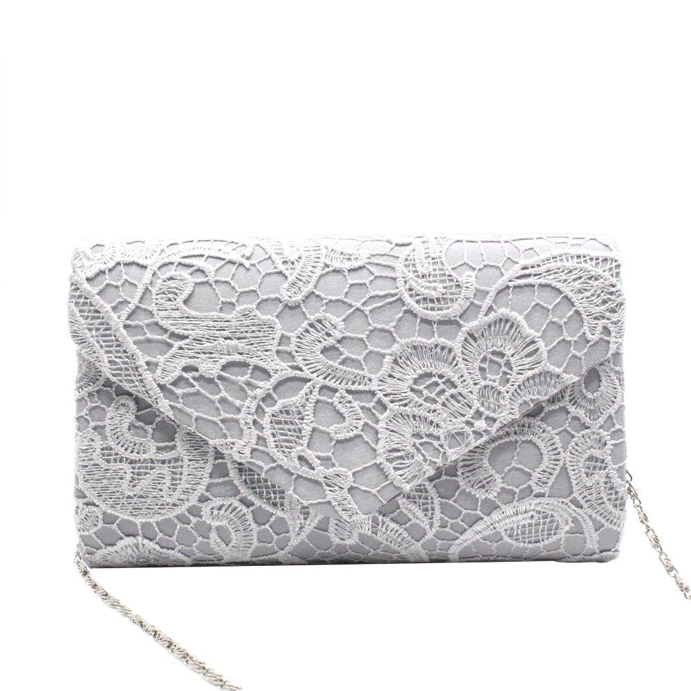 Elegant Lace & Satin Clutch Evening Bag with V-Shaped Flap
