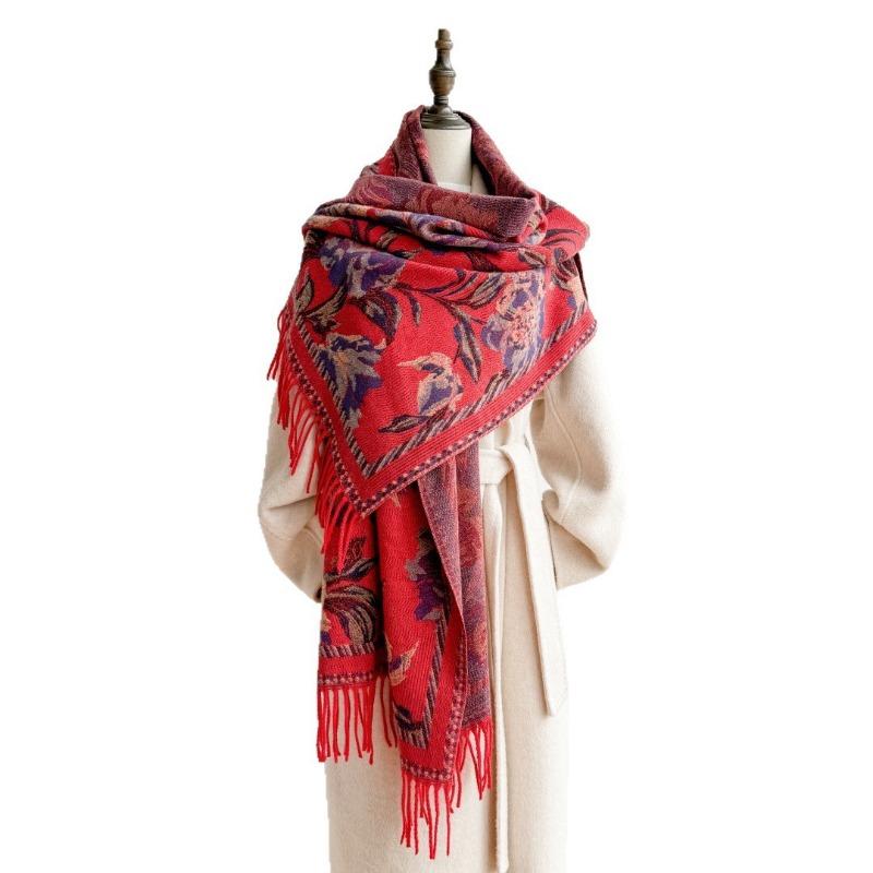 Autumn and Winter Retro Fringed Scarf with Air Conditioner Cashmere Shawl Large Size Warm Scarf