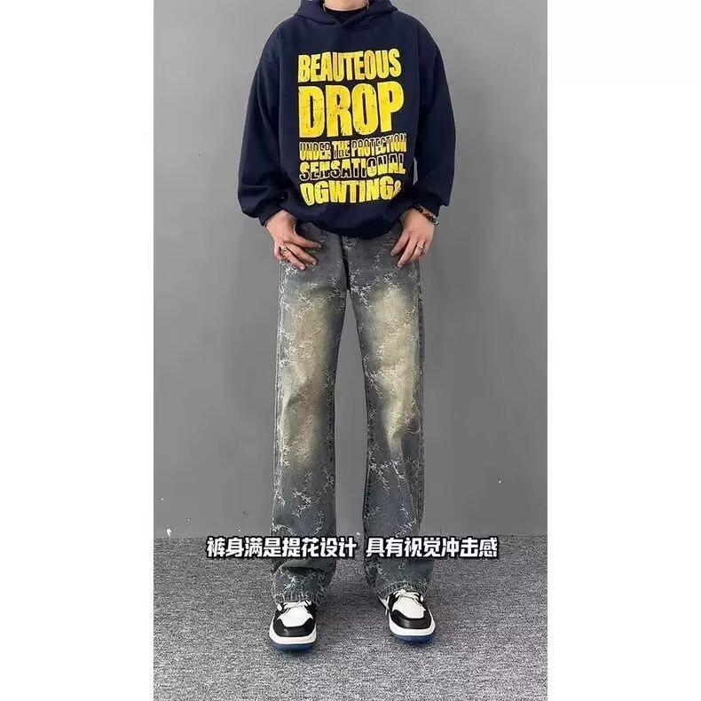 JYL Mens Jeans Autumn Light Blue Straight Cropped Slim Casual Denim