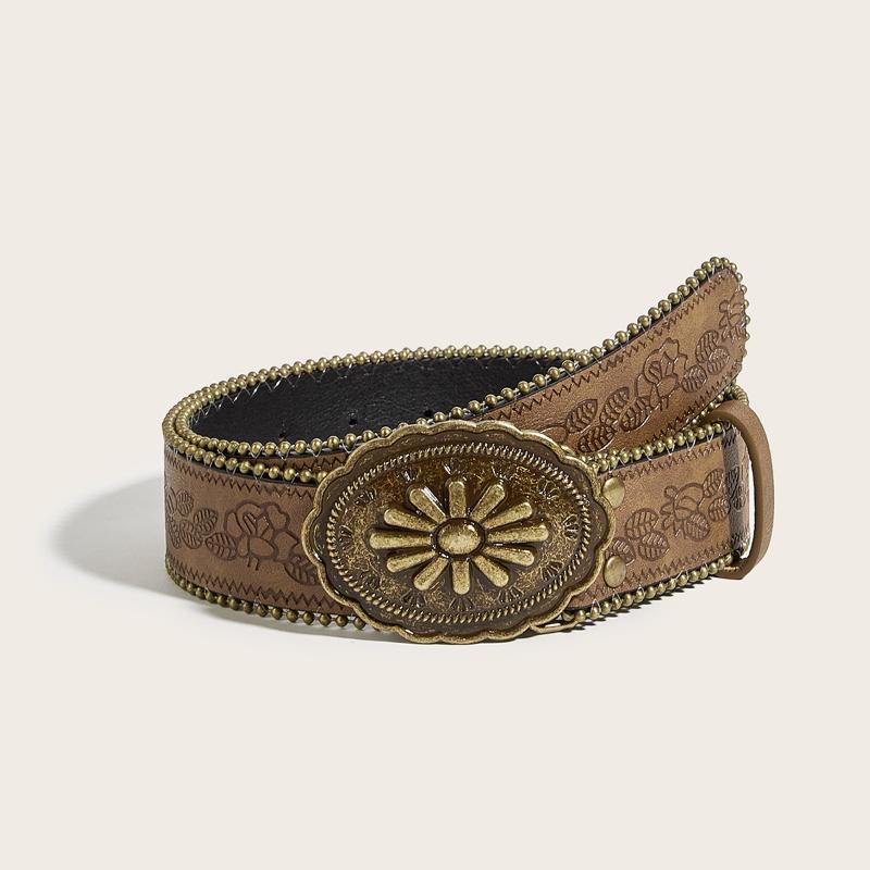 Vintage Carved Buckle Pu Wide Belts Boho Brown Embossed Waistband Western Jeans Pants Belt