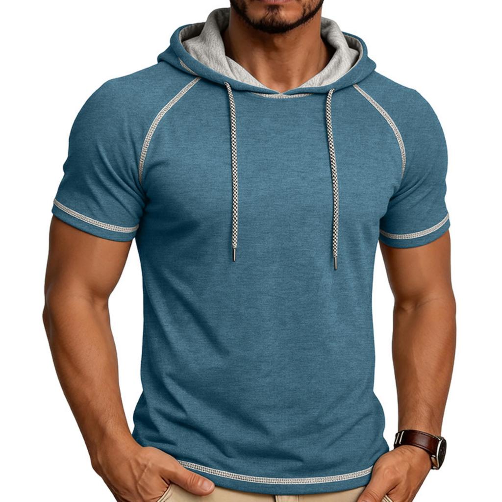 Camiseta de Manga Corta con Capucha para Hombre Casual Pullover Ligera Manga Raglán Sudadera con Cordón Ajuste Atlético Top de Verano