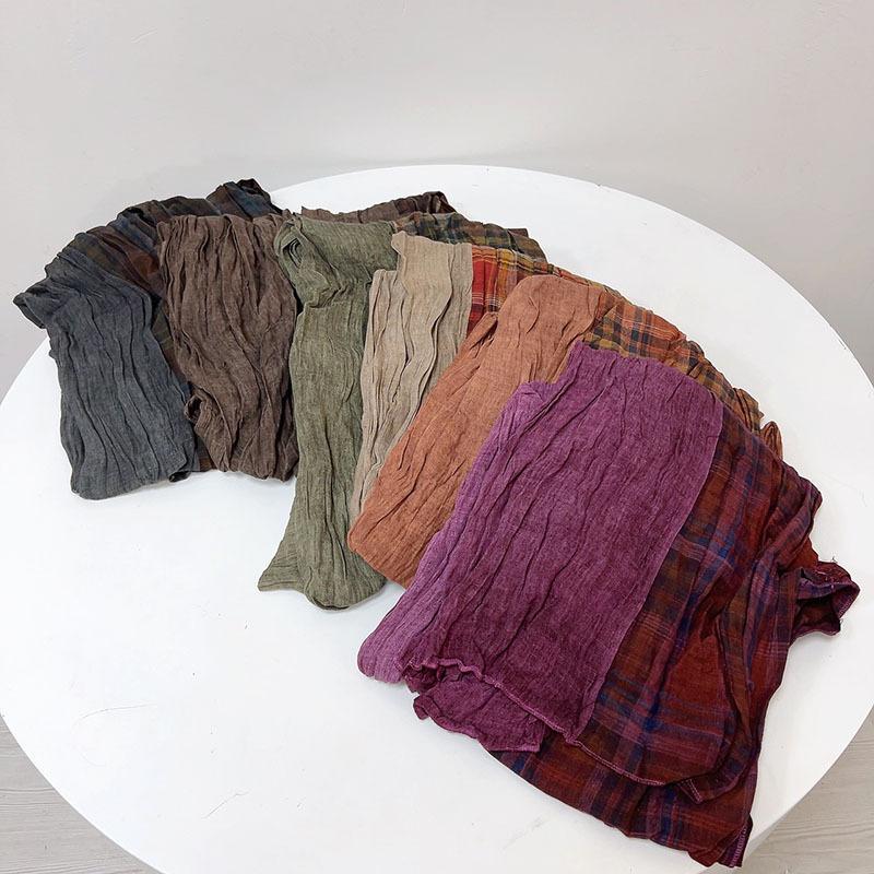 Johnature Cachecol Japonês Feminino Patchwork Vintage Cor de Destaque Elegante Quente Plissado Outono Inverno Cachecol Xale