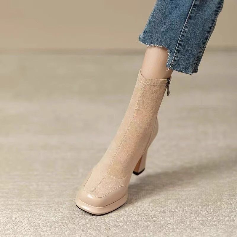 2026 New Thick Bottom Thick Heel Elastic Boots Waterproof Terrace Melad French High Heel Short Boots for Women