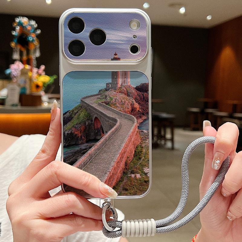 Mountain Road Print Leather Lanyard Case For iPhone 18 Pro Max 17 16 15 14 13 Pro Max Luxury Hybrid TPU+PU Anti-skid Soft Phone Cover