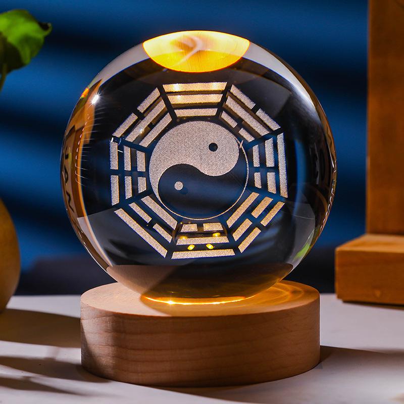 Luminous 3D Engraved Crystal Ball with Solid Wood Base for Home Decoration 3cm crystal ball (without base)