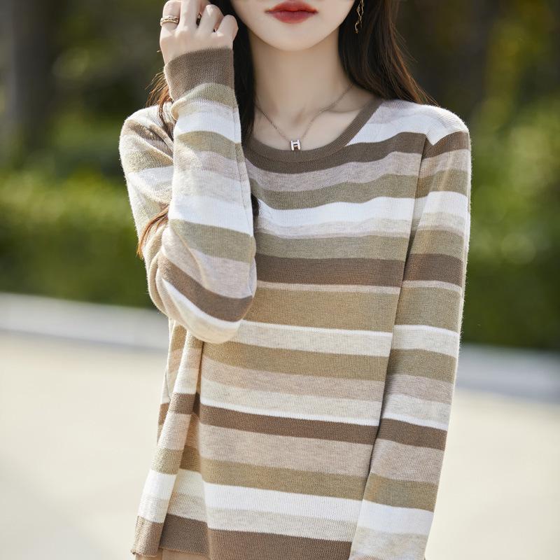 2024 Women's Striped Long-Sleeve Knitwear: Soft Slim Fit Sweater for Layering