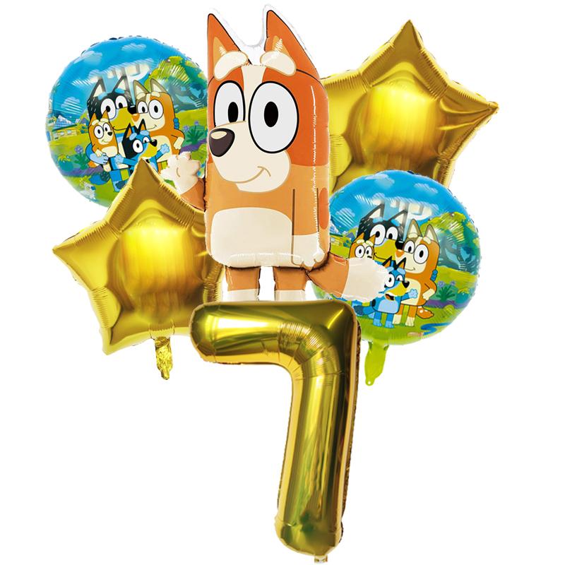 6 Stück Familie Bluey Aluminiumballon Cartoon Bingo Aktivität Spielzeug Blau Gold Stern Ballon Dekoration Sammlung Geburtsdatum Feier Babyparty Zubehör