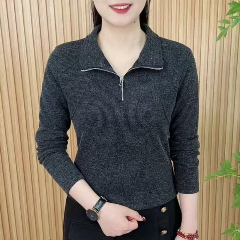 

Women s Long-sleeved T-shirt Spring and Autumn Fashion Solid Color Lapel Zipper Pullover Bottoming Shirt S сірий
