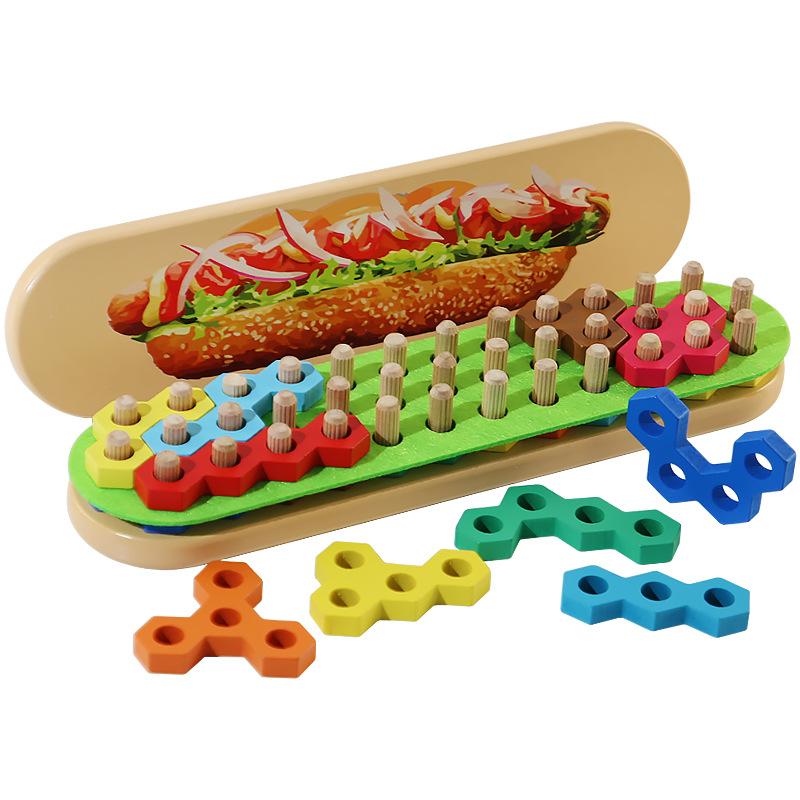 Wooden Children'S Educational Hot Dog Burger Set Column Building Block Puzzle Early Education Enlightenment Space Logic Thinking Training Toy