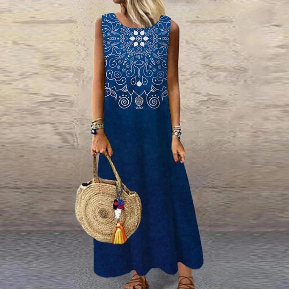 Ärmelloses Damenkleid mit Aufdruck, Rundhalsausschnitt, Gerader lockerer Schnitt, Modisch, Elegant für den Arbeitsweg, Lang, Lässig, Frühling, Sommer, Neu