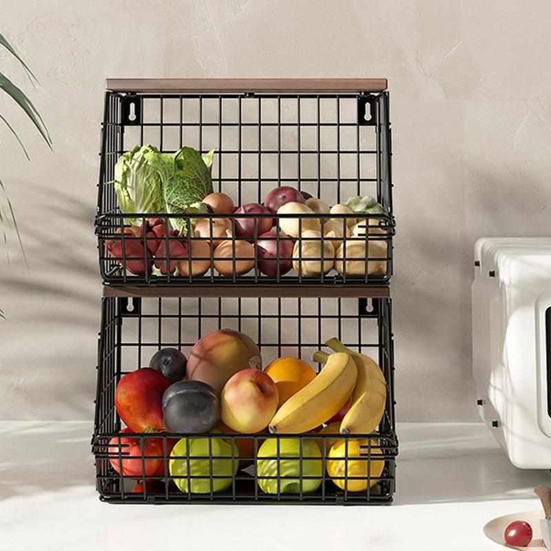 Fruit Vegetable Basket Snack Organizer Wall Mount Kitchen Basket Metal Storage Basket With Hook Countertop Storage Organizer