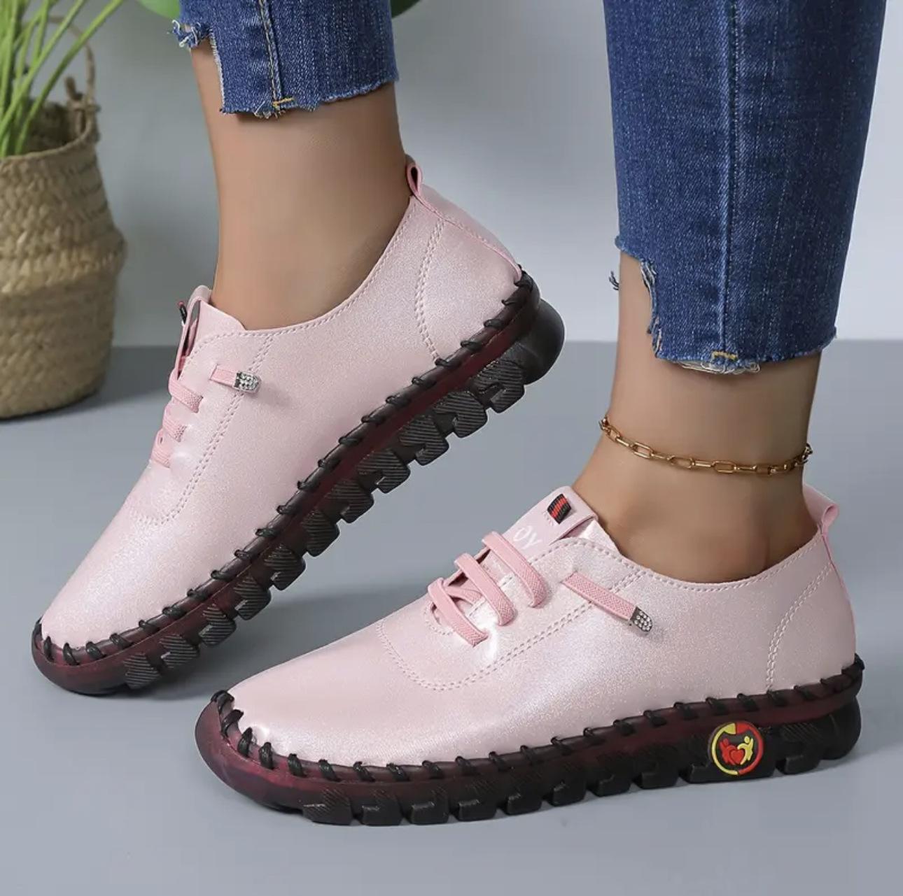 Damen Genähte Gummisohle Weiche Leder Ballerinas, Große Größen Weiche Sohle Komfort Freizeit Schuhe, Atmungsaktive Leichte Laufschuhe 35-45 35 heißes rosa