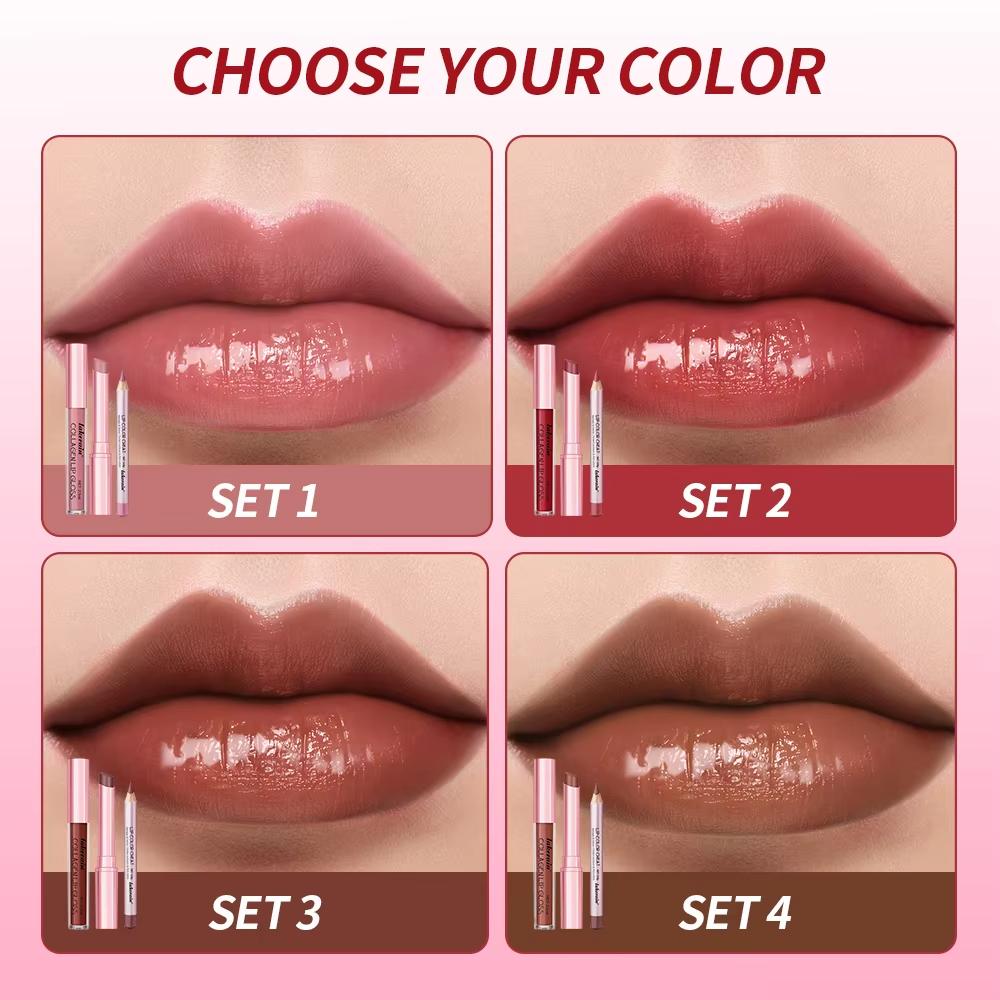 3-teiliges Lippen-Make-up-Set Lipliner Lipgloss Lippenstift Spiegeleffekt Beep Lips Hohe Farbe Lang anhaltend Spendet Feuchtigkeit Reise-Mini-Set