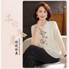Women's Chinese Style Embroidery Blouse Mandarin Collar 3/4 Sleeve Asymmetric Button-Up Casual Top for Middle-Aged