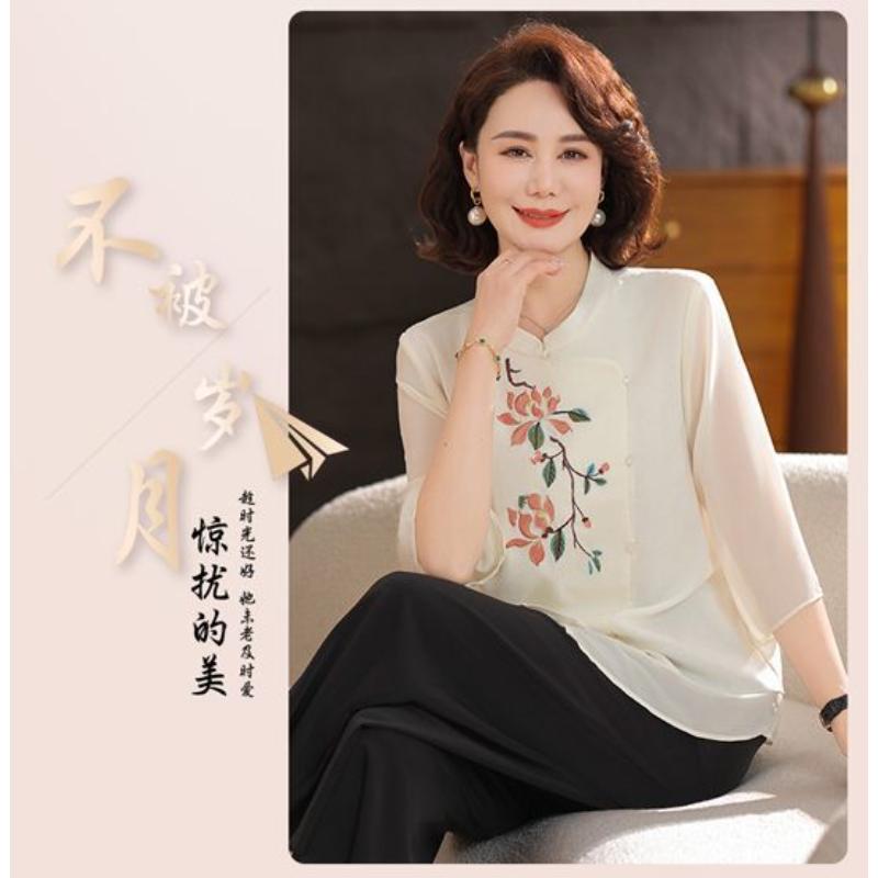 Women's Chinese Style Embroidery Blouse Mandarin Collar 3/4 Sleeve Asymmetric Button-Up Casual Top for Middle-Aged