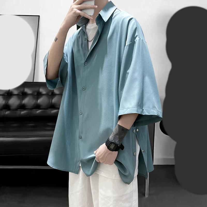 

Side Buttons Shirt Harajuku Solid Button Up Korean Short Sleeve Aesthetic Shirts Blouse Men Black White Yellow M светло-зеленый