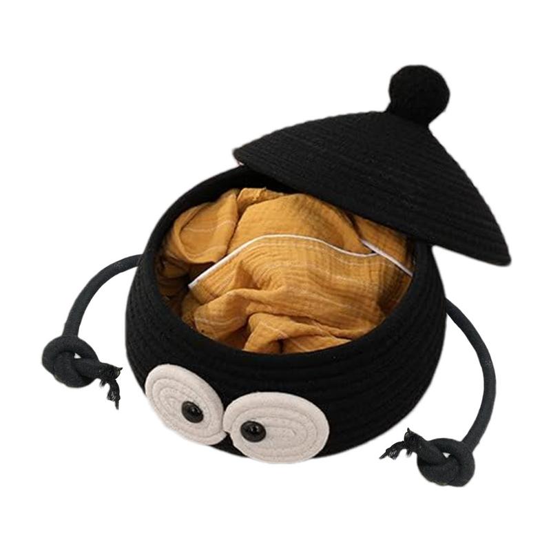 Small Storage Basket With Lid Woven Storage Bin Black Craft Basket Snack Organizer Container Round Woven Basket For Home Offices