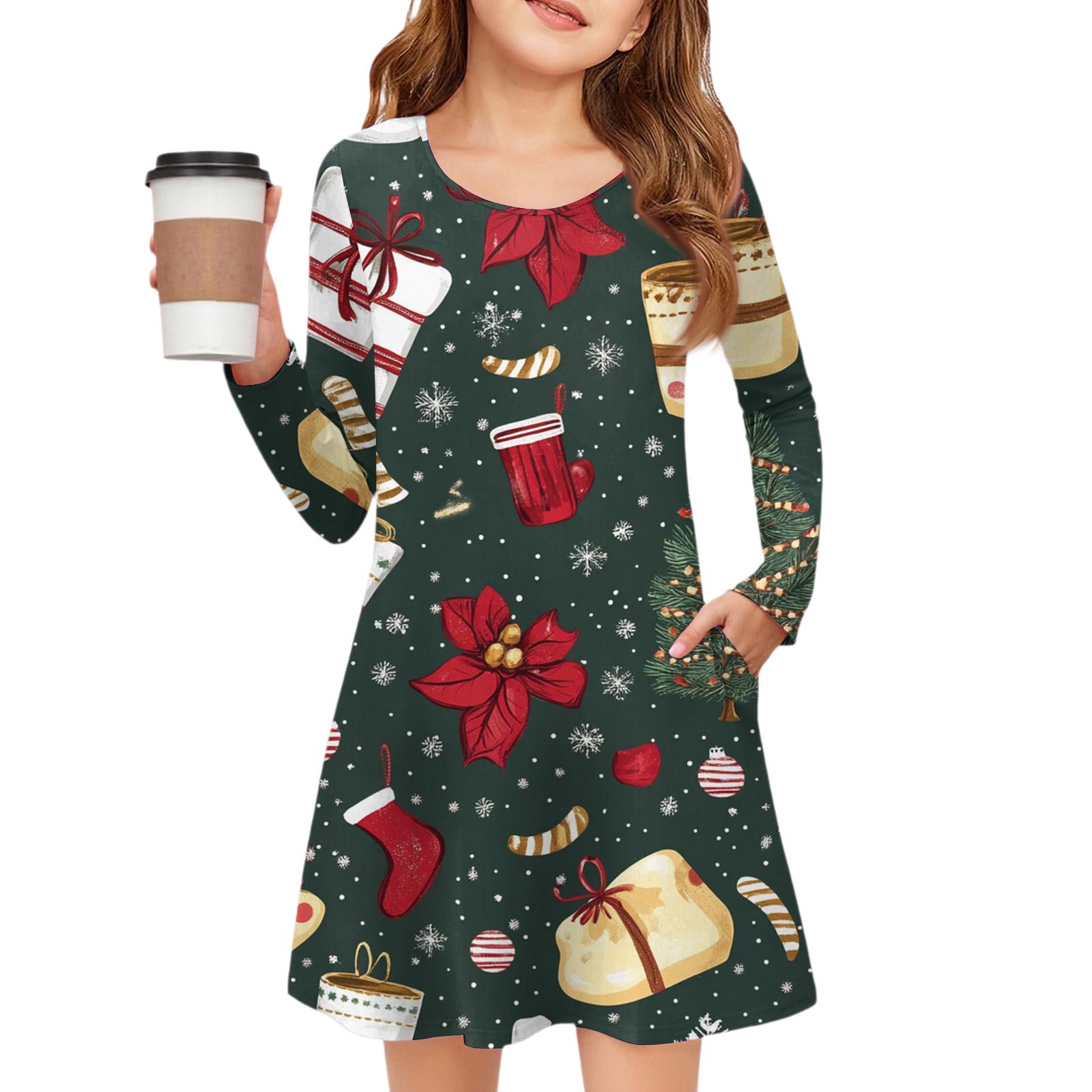 

Рождественское платье с длинным рукавом для девочек - Платье с цветным карманом 160 красный