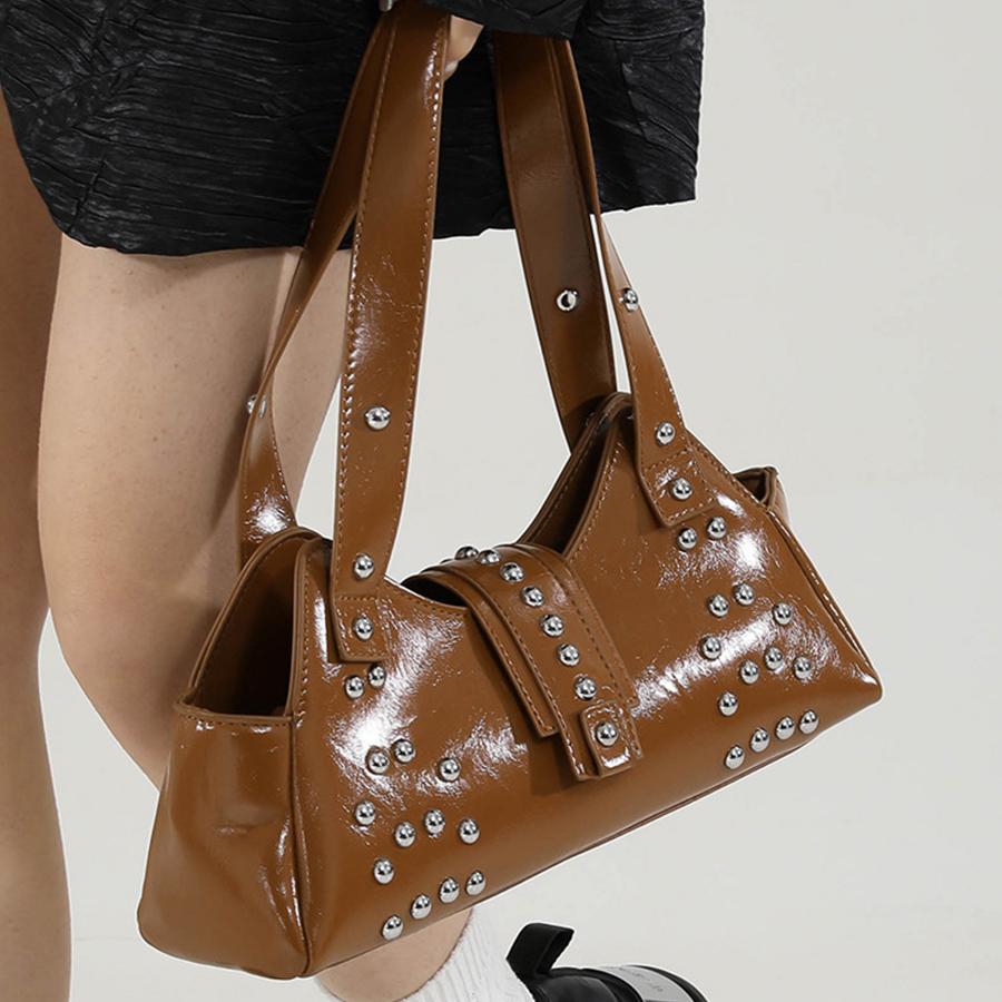 New Style Street Punk Style Oil Wax Leather Underarm Bag Y2K Rivets Spicy Girl Versatile Single-Shoulder Bag Hobo Handbags Sac