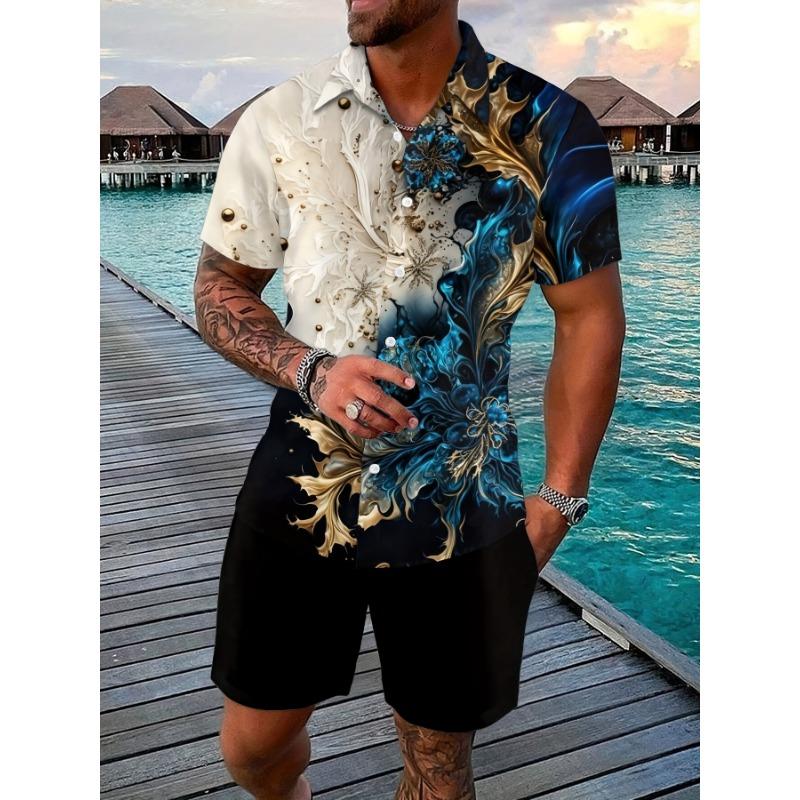 

Luxurious wave floral shirt, paired with black shorts, shows the charm of a handsome man. Trendy retro style short-sleeved shirt S