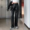 PU Leather Pant Women High Waist Straight Pant Spring Clothes Solid Pocket Streetwear Chic Black Faux Leather Trousers
