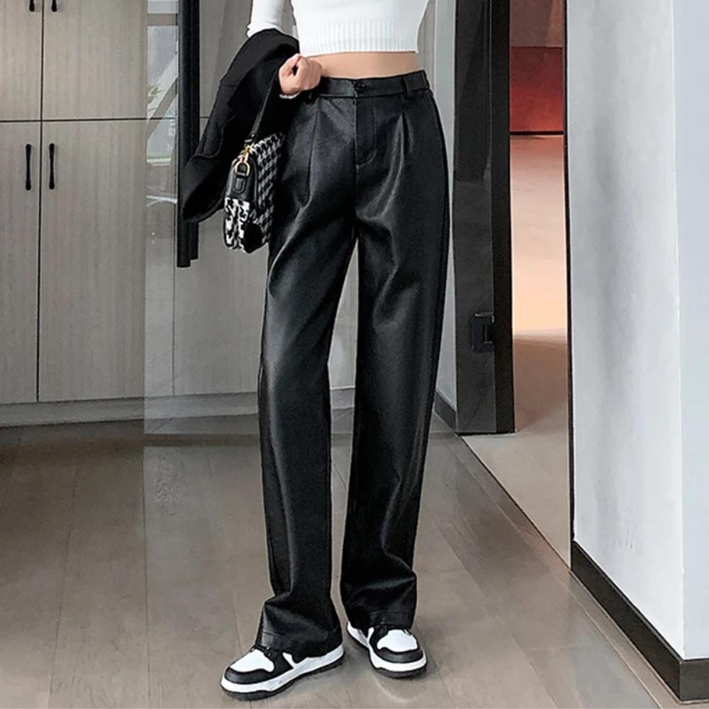 PU Leather Pant Women High Waist Straight Pant Spring Clothes Solid Pocket Streetwear Chic Black Faux Leather Trousers