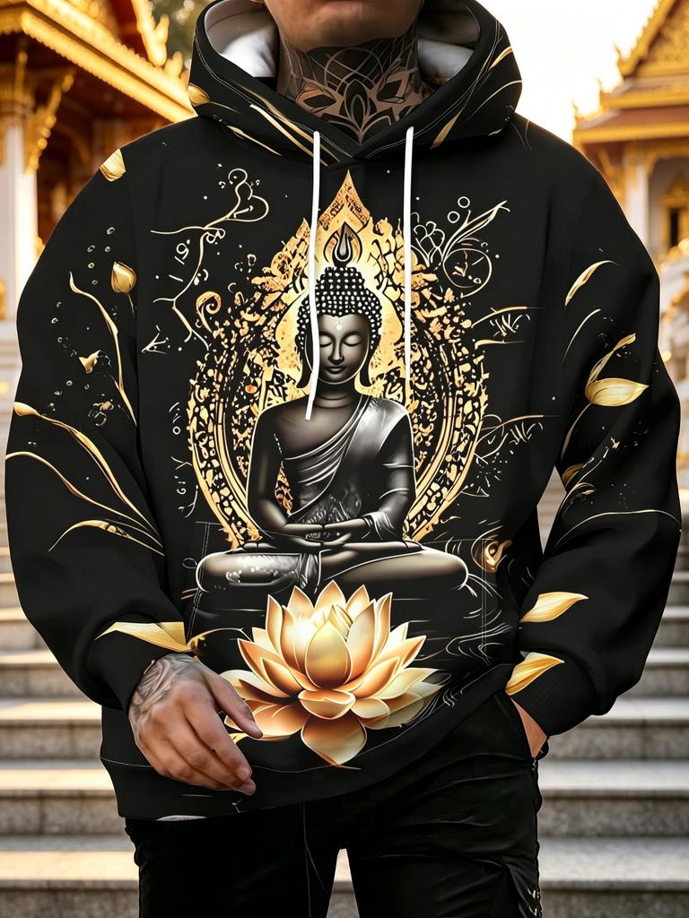 Męska bluza z kapturem o regularnym kroju z kieszenią typu kangur i regulowanymi sznurkami, idealny casualowy prezent na jesień i zimę, streetwear