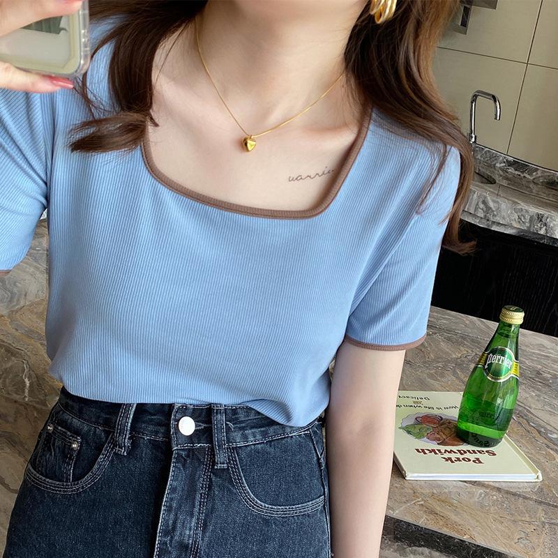 

Футболка с квадратным воротником из тонкой нити для женщин с короткими рукавами, летний новый стиль для ношения, универсальный топ для горячей девушки, чистый эротический топ 2XL