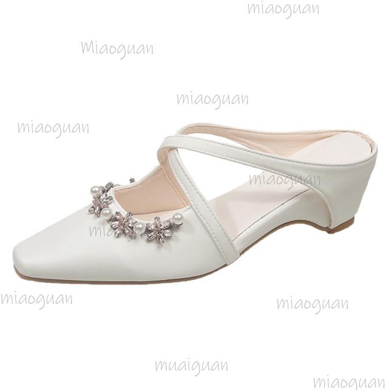 Square Toe Women's Mules Slip On Cross Straps Crystal Decor Slides Heeled Sandals Woman Slingback Luxury Pumps Beige