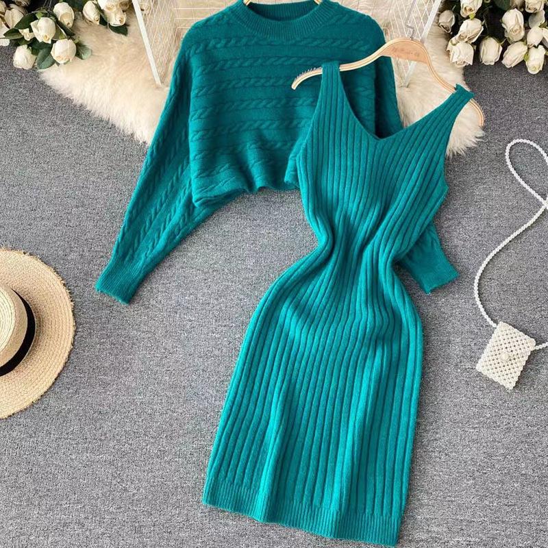 Autumn and winter lazy wind sweater women's loose blouse top two-piece set knitted suspender vest dress