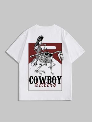 Unisex T-shirt med dödskalle- och bokstavstryck, rundhalsad, lämplig för alla årstider, grafiskt T-shirt, kläder i västernstil, retro grafiskt unisex-T-shirt.