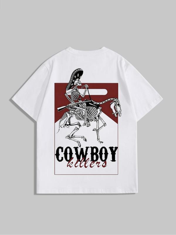 

Unisex skull and letter print crew neck T-shirt, suitable for all seasons, graphic T-shirt, Western style clothing, retro graphic unisex T-shirt. XXXL