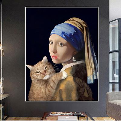 Mädchen trägt Ohrringe und hält eine Katze, Poster und Drucke, abstrakte Tier-Leinwand-Malerei, Wand-Kunst-Bilder für Wohnzimmer, Dekoration, Geschenke