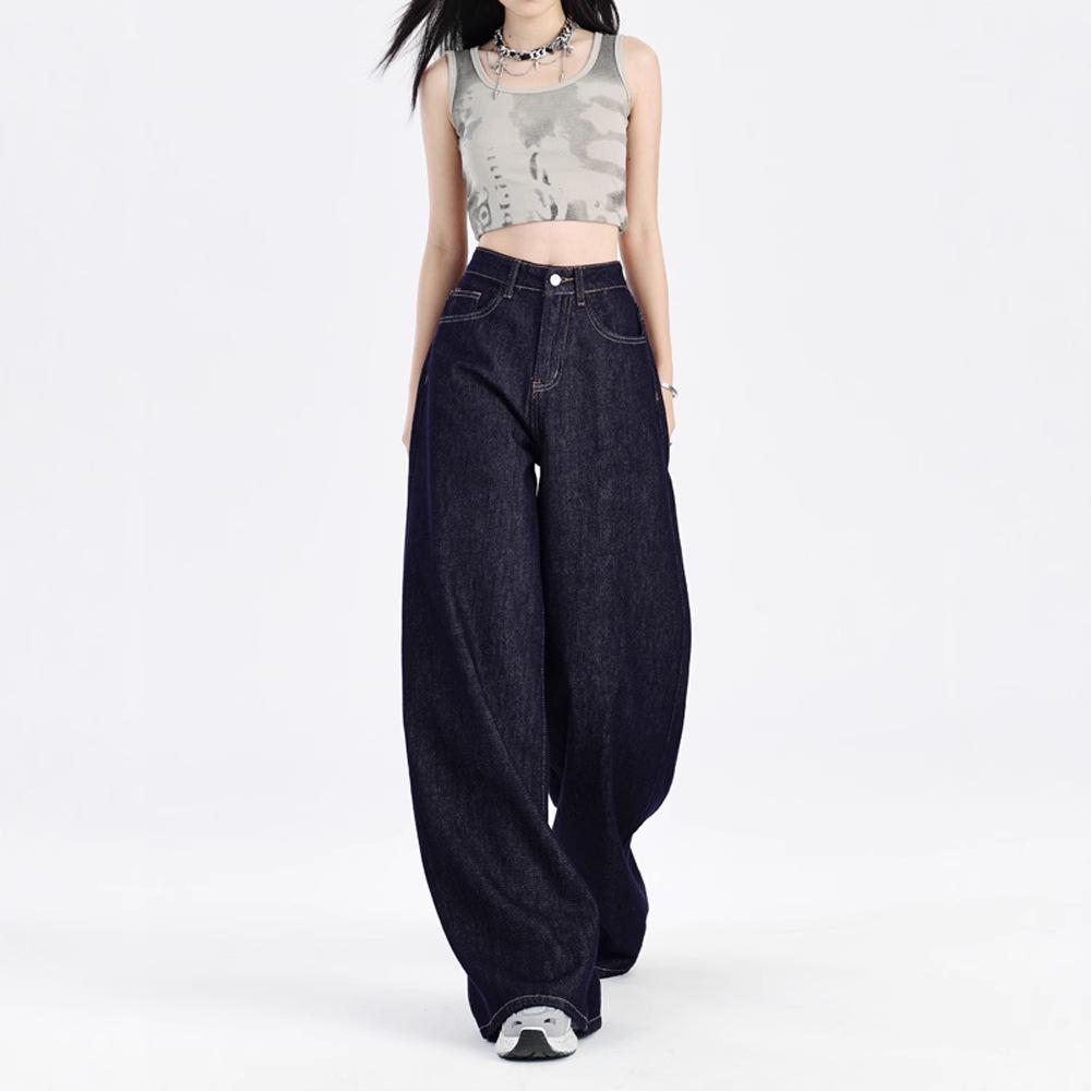 Women's Dark Blue Wide-Leg Jeans - 2025 Spring Petite Straight-Fit, Floor-Length Pants