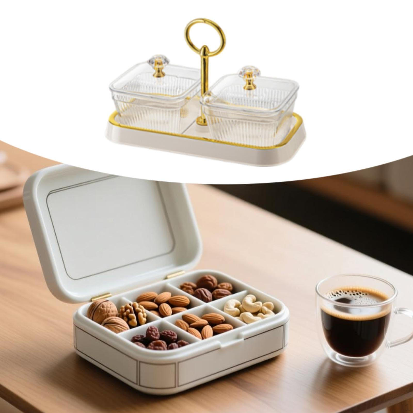Divided Serving Tray Dish Practical Dustproof with Lid Dried Fruit Plate Storage Container for 2 Compartments_White Tray