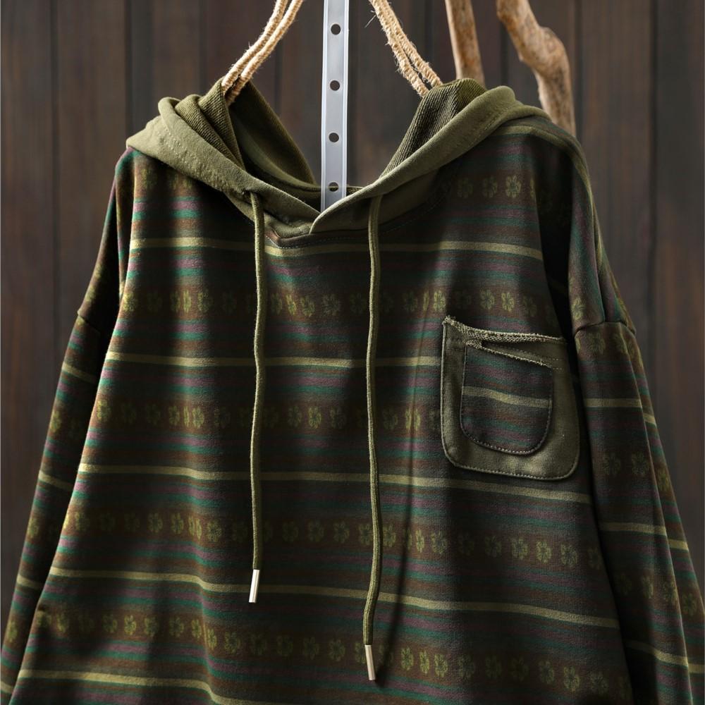 Johnature Women Pullover Hooded Striped Long Sleeve  Autumn Patchwork Pockets Casual Loose T-Shirts