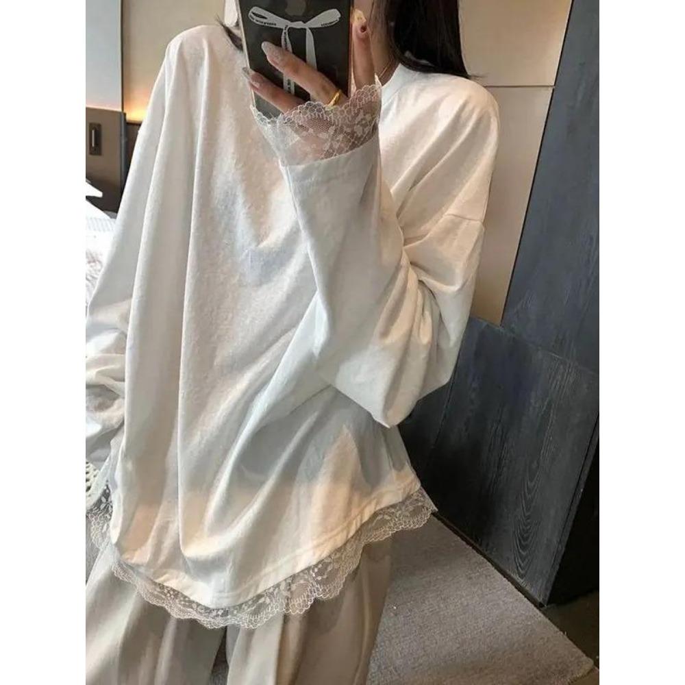 VAYLA Simplicity Lace Patchwork Loose T Shirts Spring Autumn New Long Sleeve High Street Solid Tops Harajuku Fashion Women Clothing
