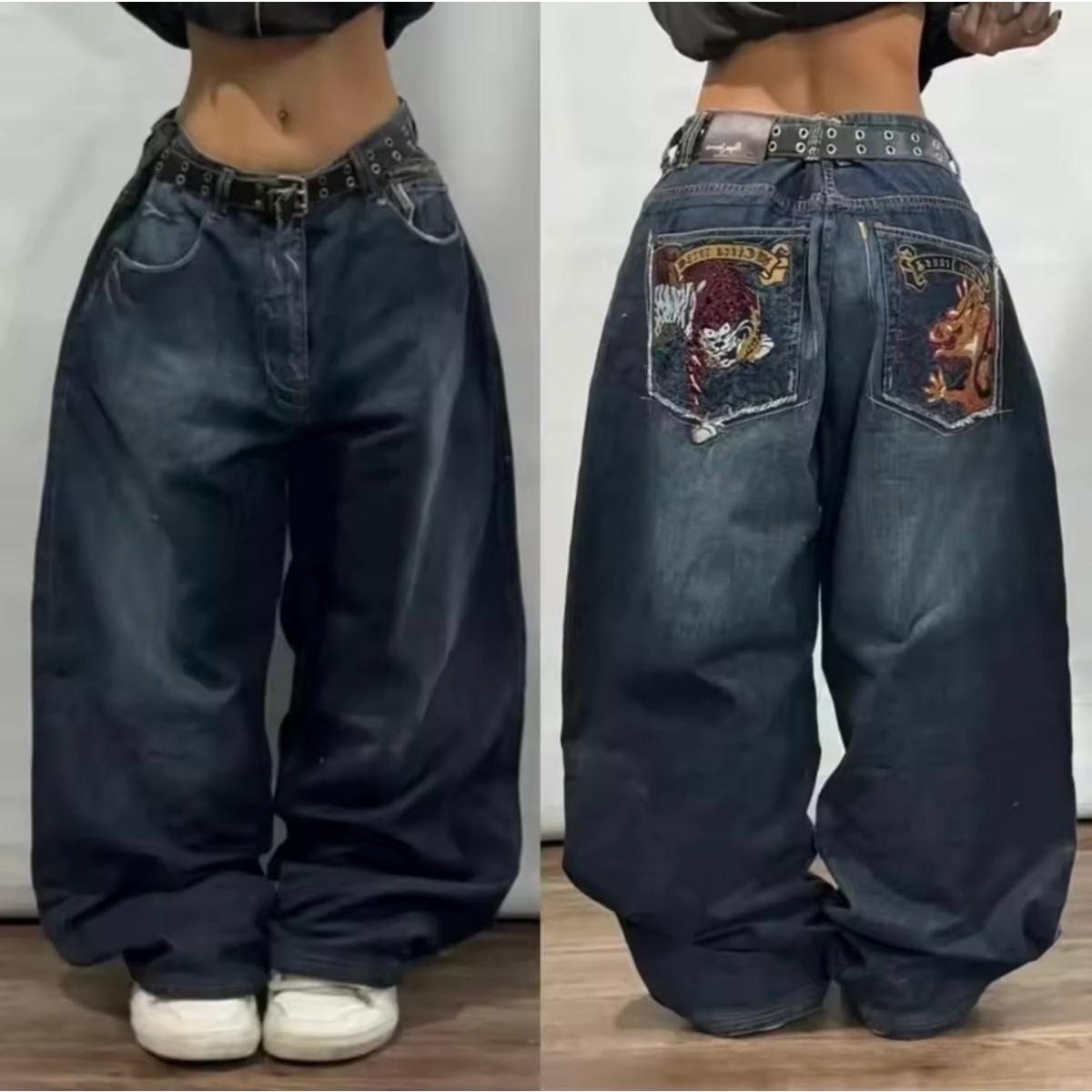 Tinicoo Y2K Trendy Retro Klassiek Zak Schedel Patroon Rechte Denim Broek Zomer Amerikaans Gotisch Gewassen Wijde Pijpen Denim Losse Broek M