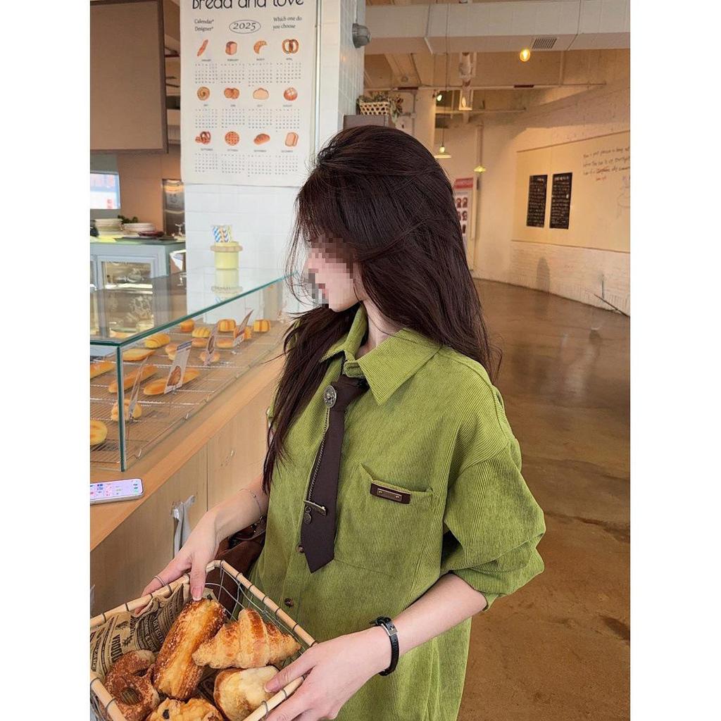 Women's Avocado Green Retro College Style Long-Sleeve Shirt – Spring 2026 Casual Layering Top