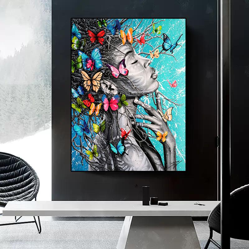 African Black Women Butterfly Graffiti Art Oil Painting Abstract Poster Printing Living Room Wall Art Picture