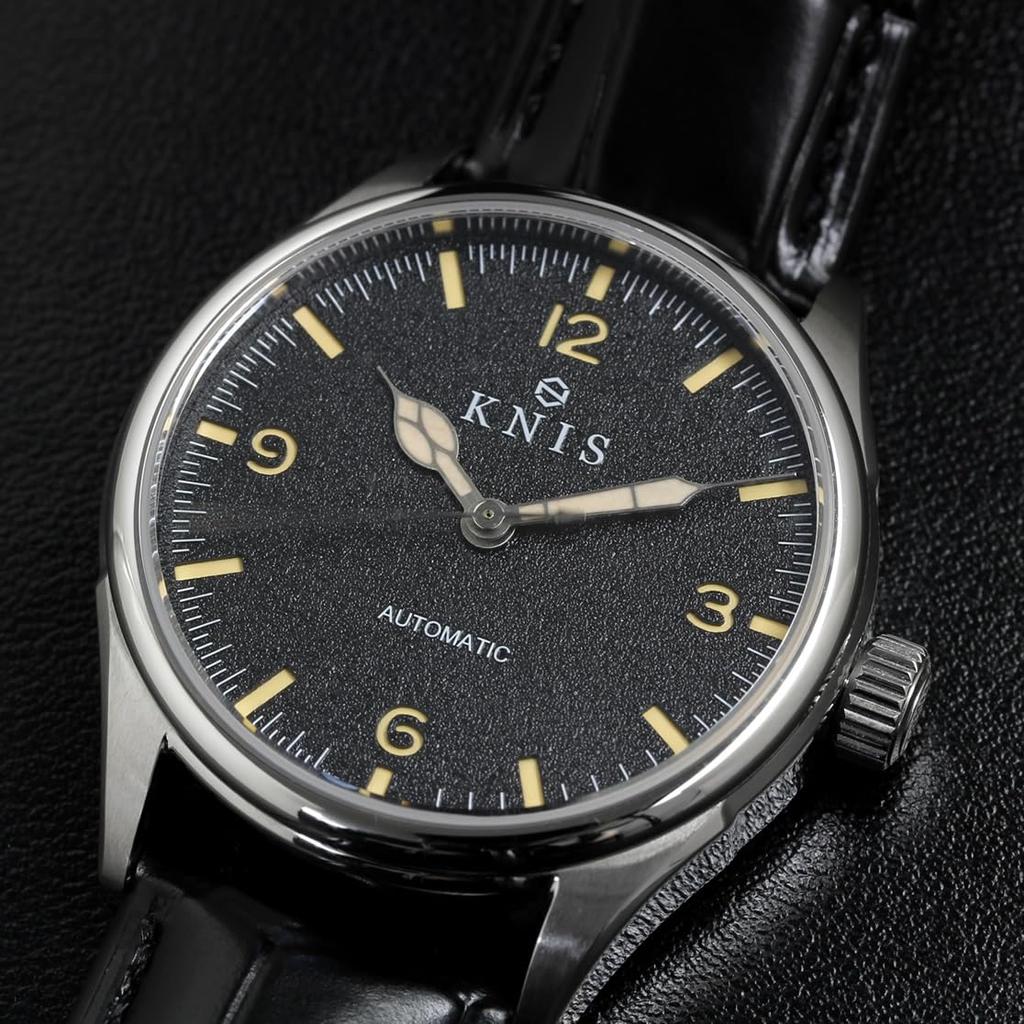 KNIS Lack, Made in Japan, Automatikuhr, Retro, Modern, Super Luminova, Saphirglas, Echtlederarmband, 10 ATM wasserdicht, Mechanisch, Schwarz