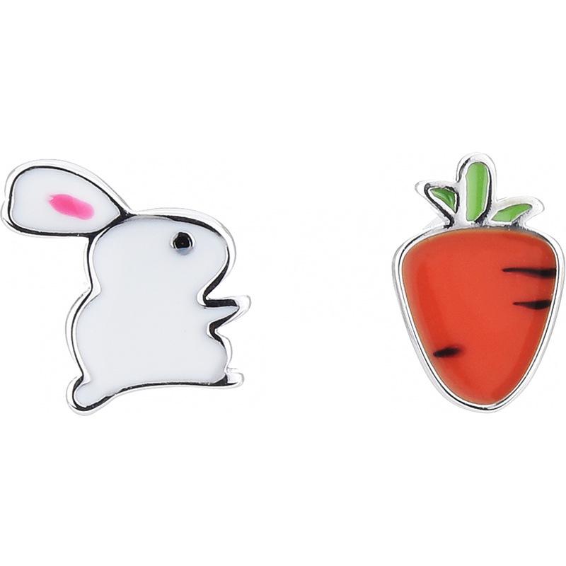 Cute Asymmetrical Rabbit Carrot Earrings - 925 Silver, Simple, Fun Design for Students and Girls