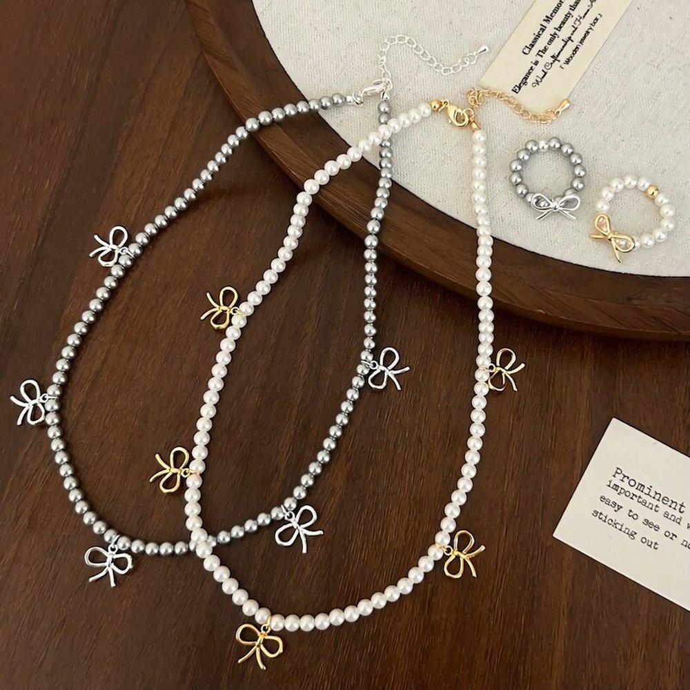 Women's Silver French Ribbon Shiny Pearl Necklace
