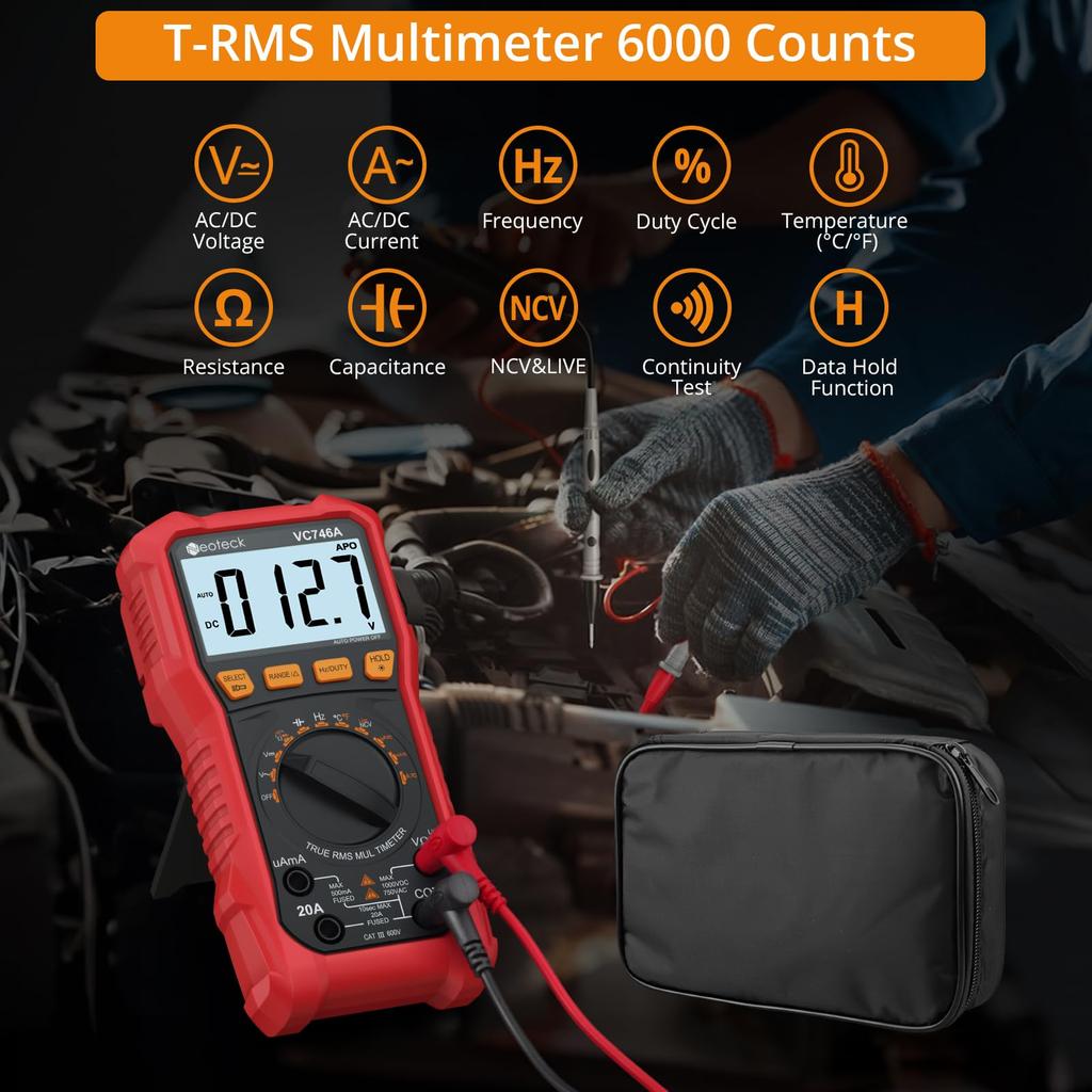 Neoteck 6000 Zählungen TRMS Digitalmultimeter Tester mit Tastverhältnis NCV Spannungsfühler Temperatur Krokodilklemmen Aufbewahrung und Japanischer Bedienungsanleitung AC/DC Spannung,