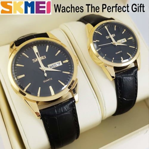 Popular couple's watches for men and women. Classic black leather strap, waterproof, luxury, perfect for weddings, anniversaries, or any special occas
