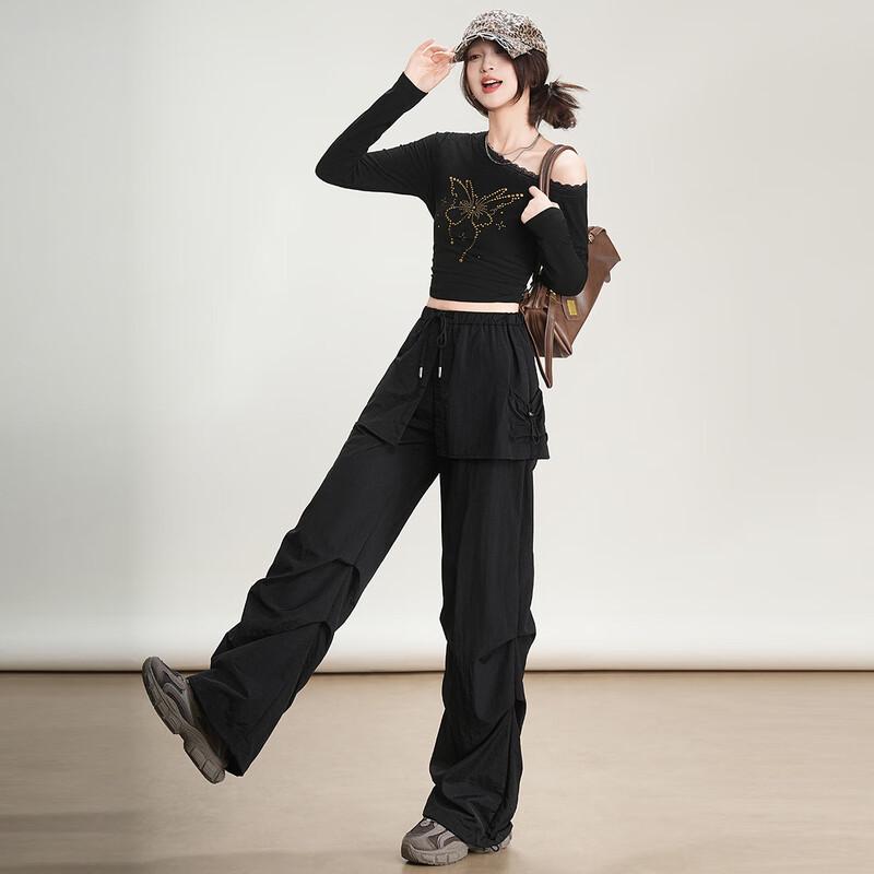 Bailuyu Damen Herbst 2025 Faux Zweiteiler Elastischer Bund Gerade Beine Cargohosen