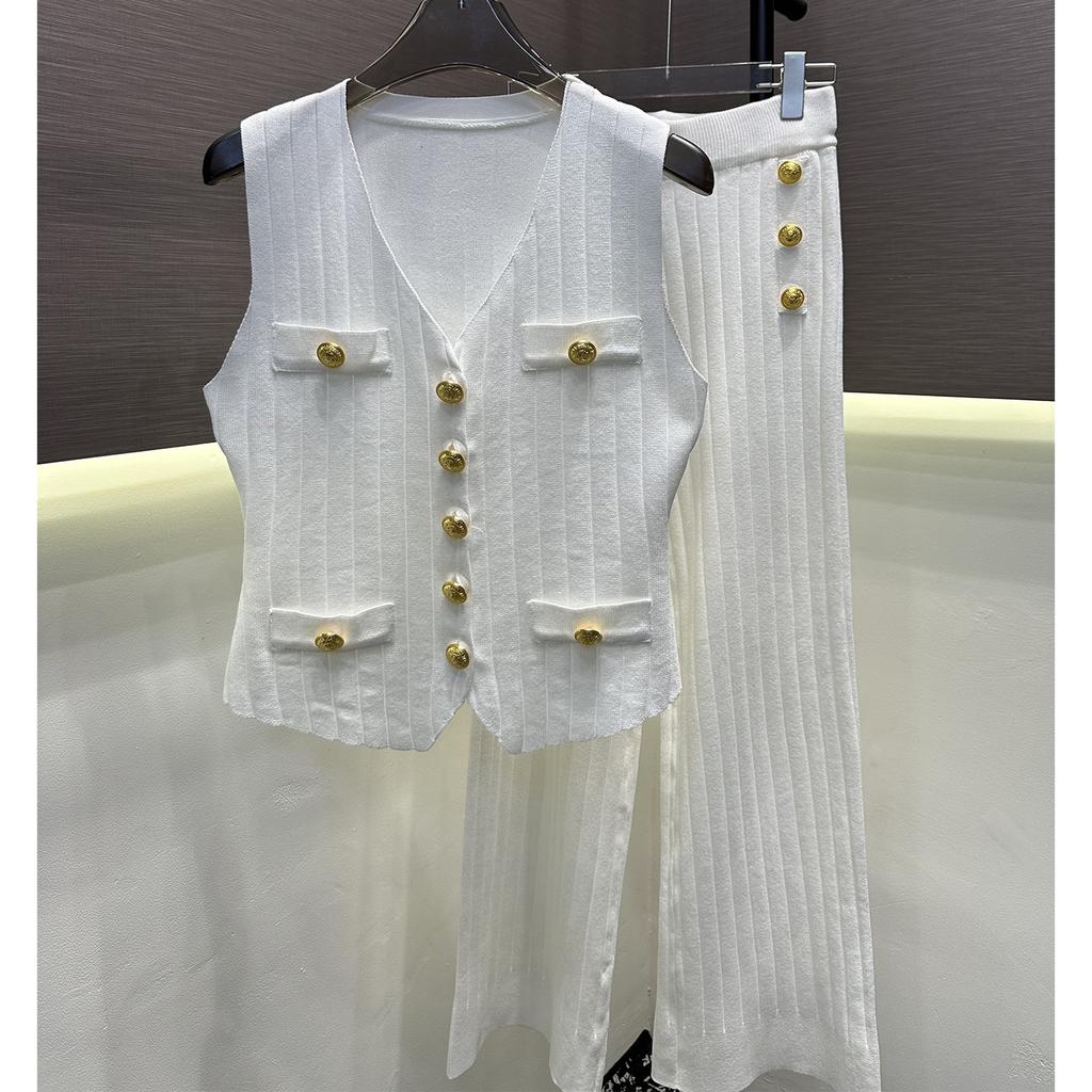 Casual Knitted Sweater Two Piece Sets for Women Metal-button V-neck Sleeveless Fitted Versatile Knit Top and Casual Pants Set