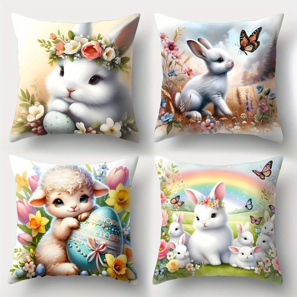 Home Decoration Bunny And Lamb Pattern With Flower And Rainbow Pattern Cushion Cover For Sofa, Bedroom, Car, Pillow Cover